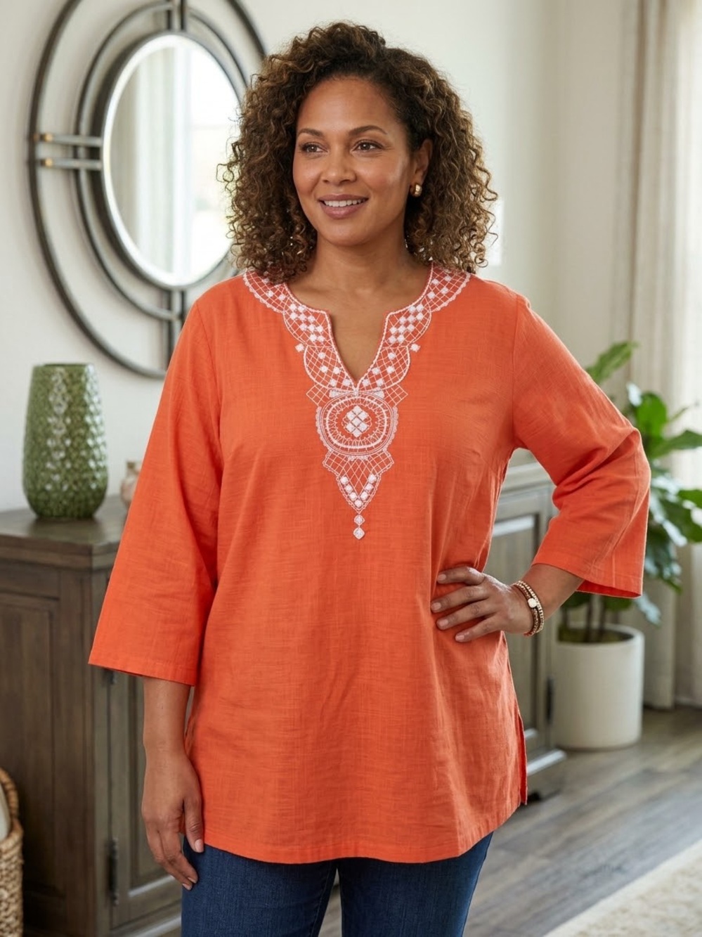 PAPPAGALLO Orange 100% Cotton Tunic with Beading Women's Size XL Boho Caftan